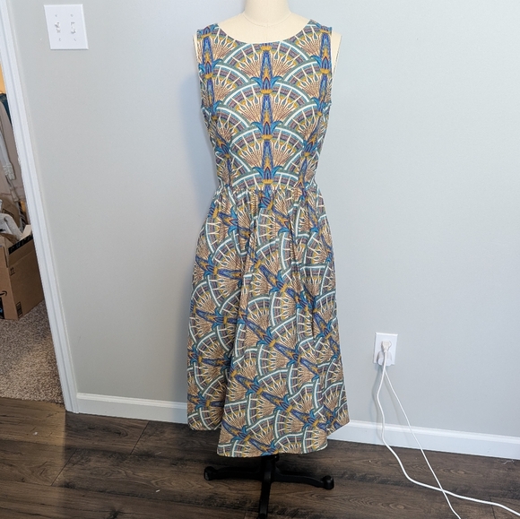 Retro Licious Cotton Geometric Pattern Fitflare A Line Midi Vintage Dress Medium - Picture 8 of 11